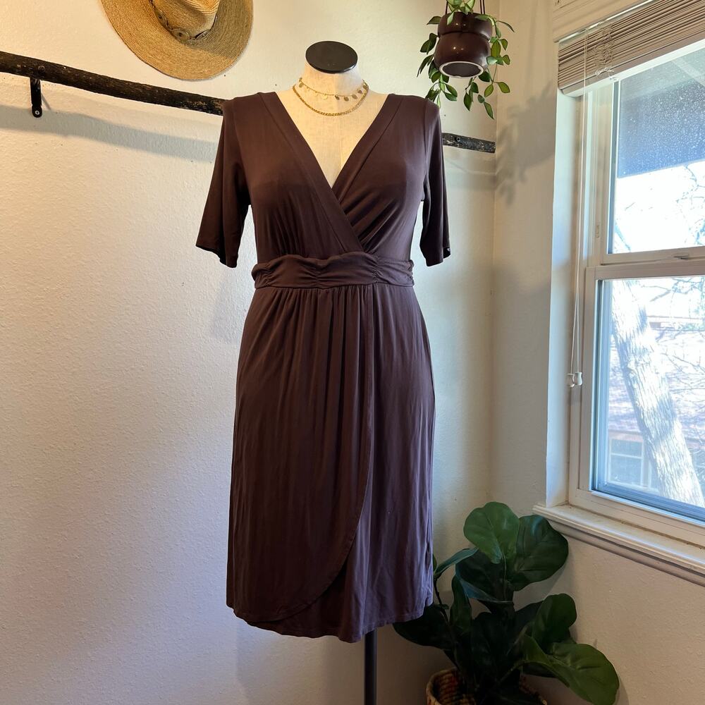 Fresh Produce USA Made 3/4 Sleeve Taupe V Neck Stretchy Dress Size Large NEW